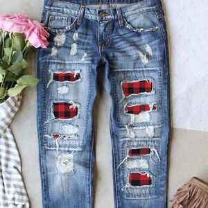 NEW! Popular Broken Ripped Patched Buffalo Plaid Distressed Blue Jeans Denim